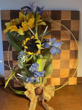 Handmade Sunflower and Iris Metal Hoop Wreath